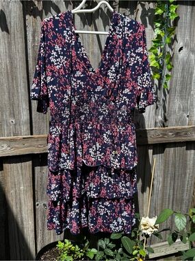 Michael Kors Navy Floral Tiered V-Neck Mini Dress